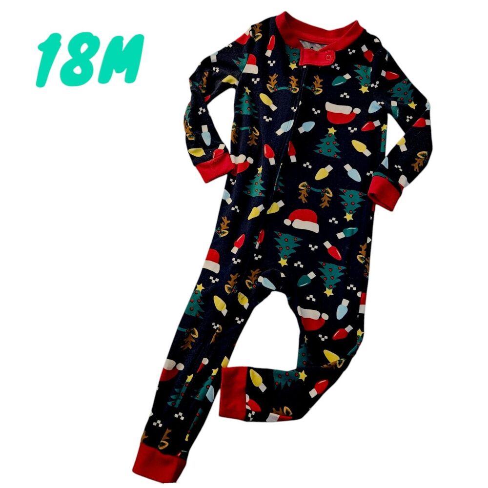 Holiday Time Christmas Pjs 1 Piece Zip Infant 18m Santa Tree Light Family Photos